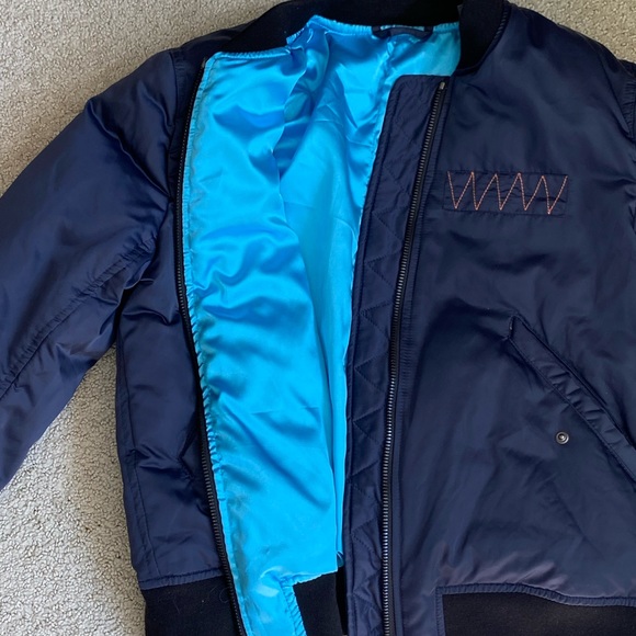 Navy Blue Embroidery Bomber Jacket with Blue Silk Lining - Picture 3 of 9